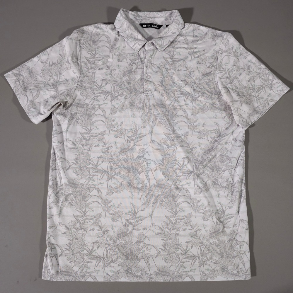 Travis Mathew Polo Shirt Mens XL White Grey Floral Tropical Performance Golf